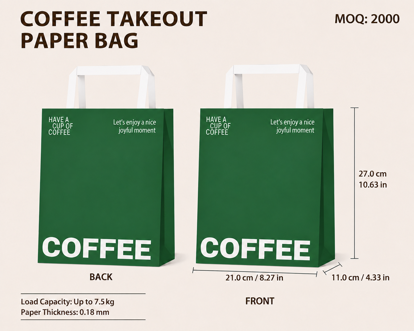 COFFEE TAKEOUT PAPER BAG（Double Cup-21 cm × 11 cm × 27 cm）