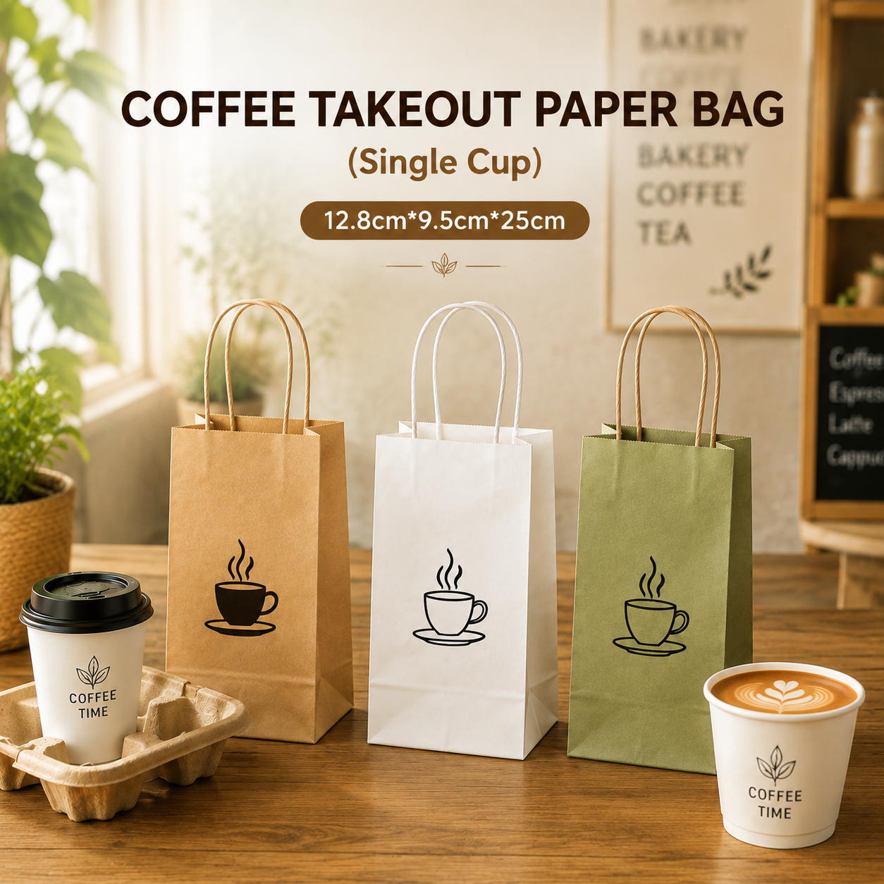 COFFEE TAKEOUT PAPER BAG（Single Cup-12.8 cm × 9.5 cm × 25 cm）
