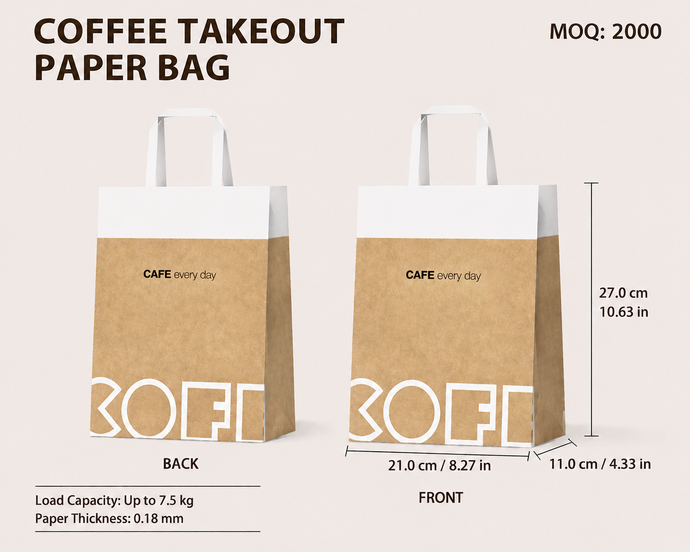 COFFEE TAKEOUT PAPER BAG（Double Cup-21 cm × 11 cm × 27 cm）