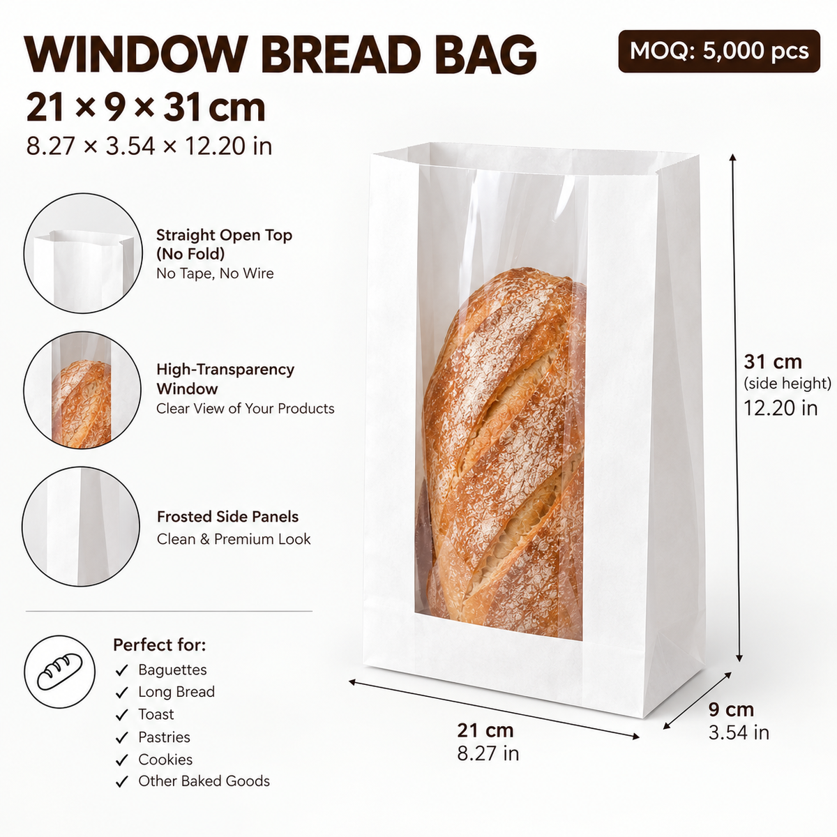 Window Bread Bags – White Kraft Paper with Transparent Window