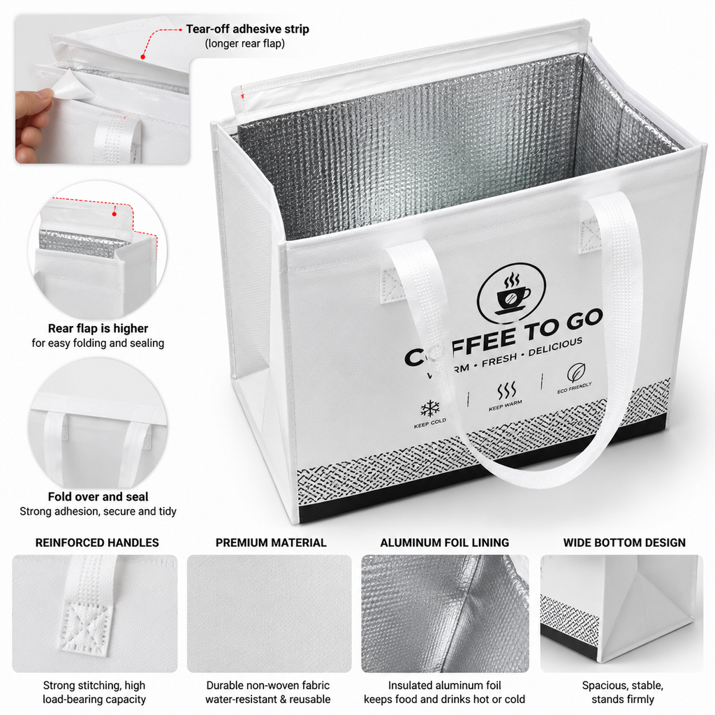 Multi-Style Aluminum Foil Insulated Takeaway Bags – Coffee, Milk Tea & Bakery Packaging