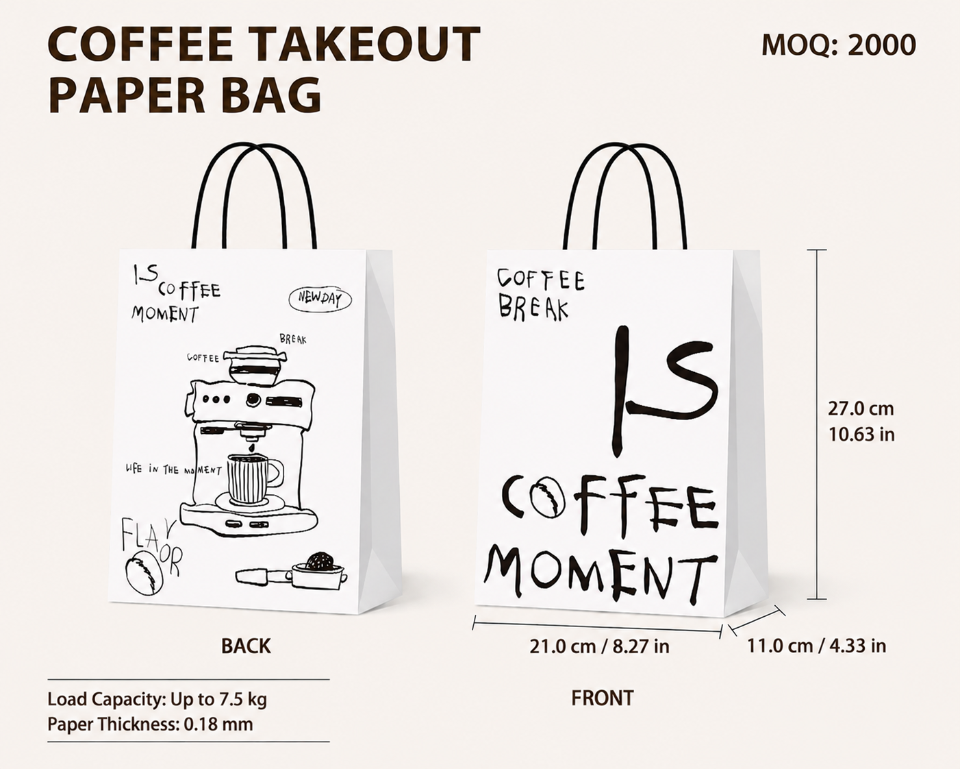 COFFEE TAKEOUT PAPER BAG（Double Cup-21 cm × 11 cm × 27 cm）