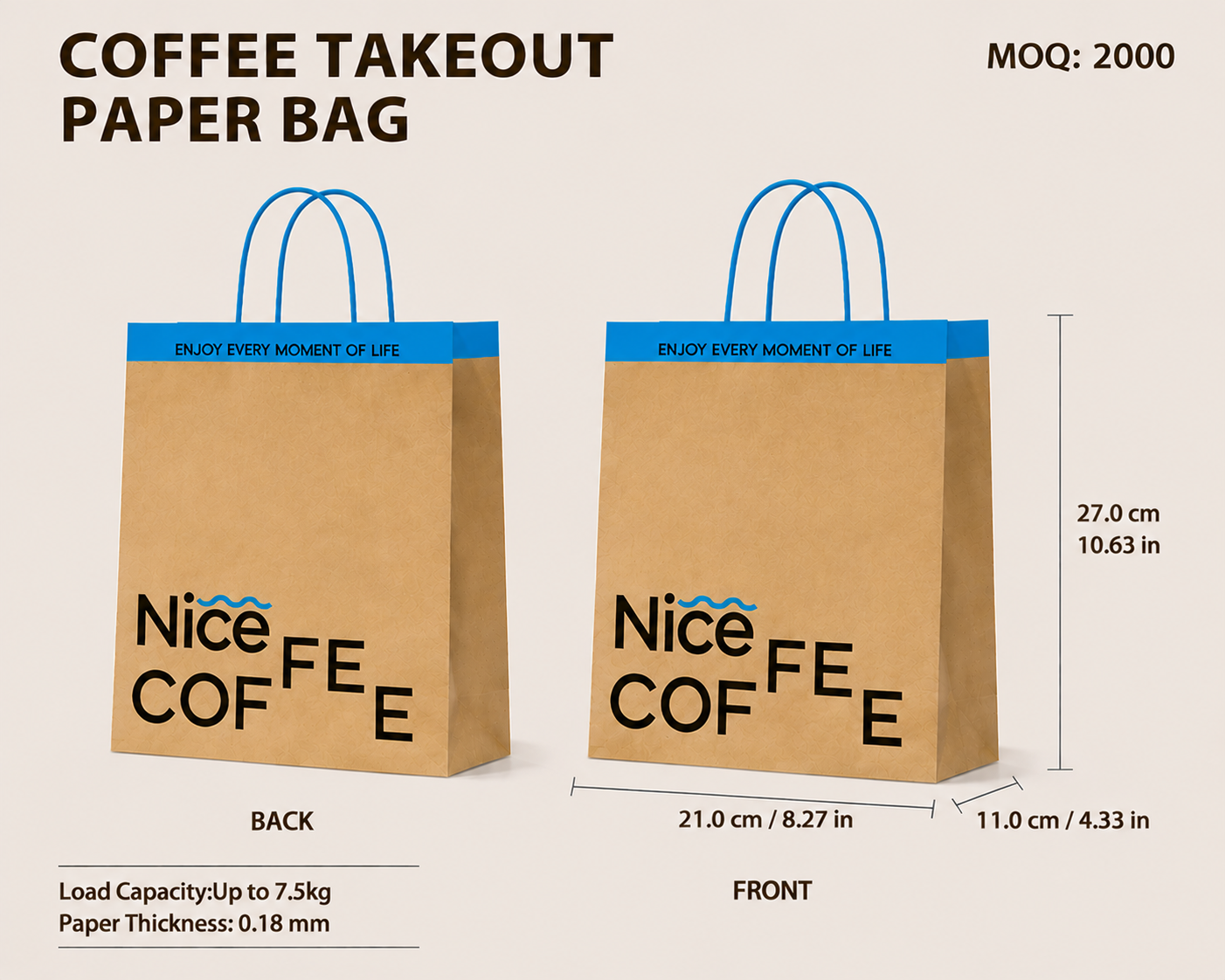 COFFEE TAKEOUT PAPER BAG（Double Cup-21 cm × 11 cm × 27 cm）