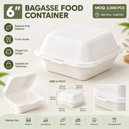 6 Inch Bagasse Food Container – White / Natural