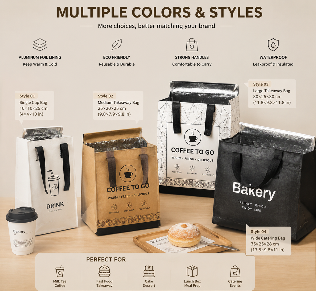 Multi-Style Aluminum Foil Insulated Takeaway Bags – Coffee, Milk Tea & Bakery Packaging