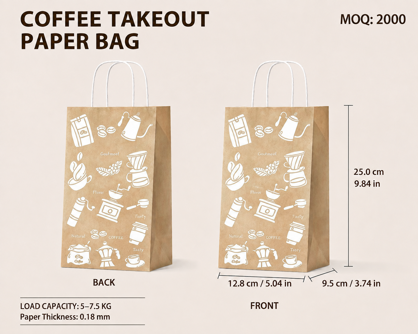 COFFEE TAKEOUT PAPER BAG（Single Cup-12.8 cm × 9.5 cm × 25 cm）