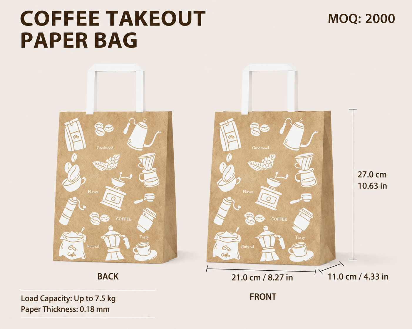 COFFEE TAKEOUT PAPER BAG（Double Cup-21 cm × 11 cm × 27 cm）