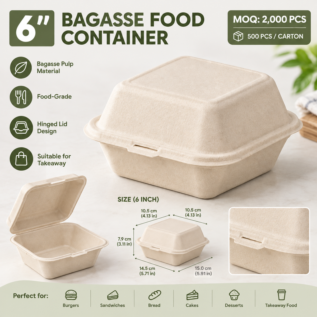 6 Inch Bagasse Food Container – White / Natural