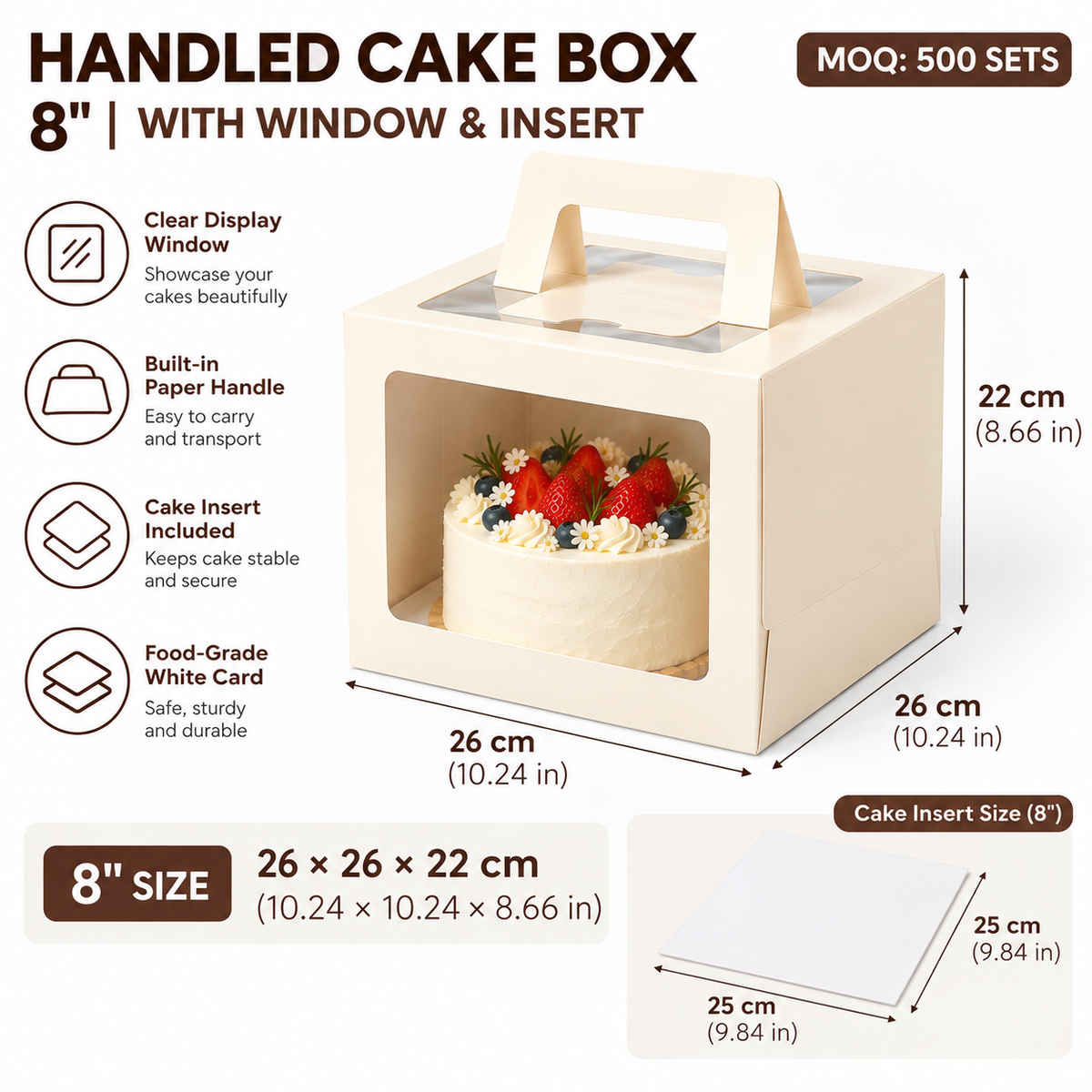 Handled Cake Boxes with Window &amp; Insert – 4", 6", 8"