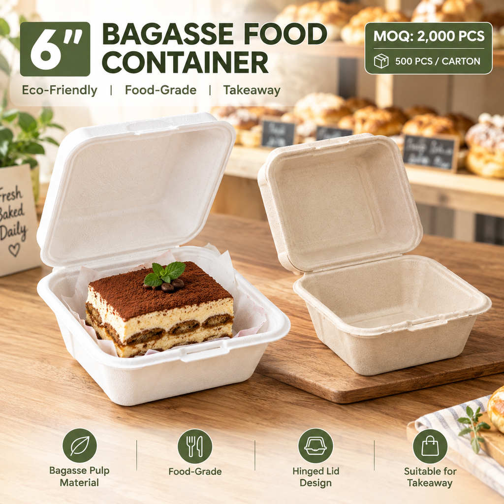 6 Inch Bagasse Food Container – White / Natural