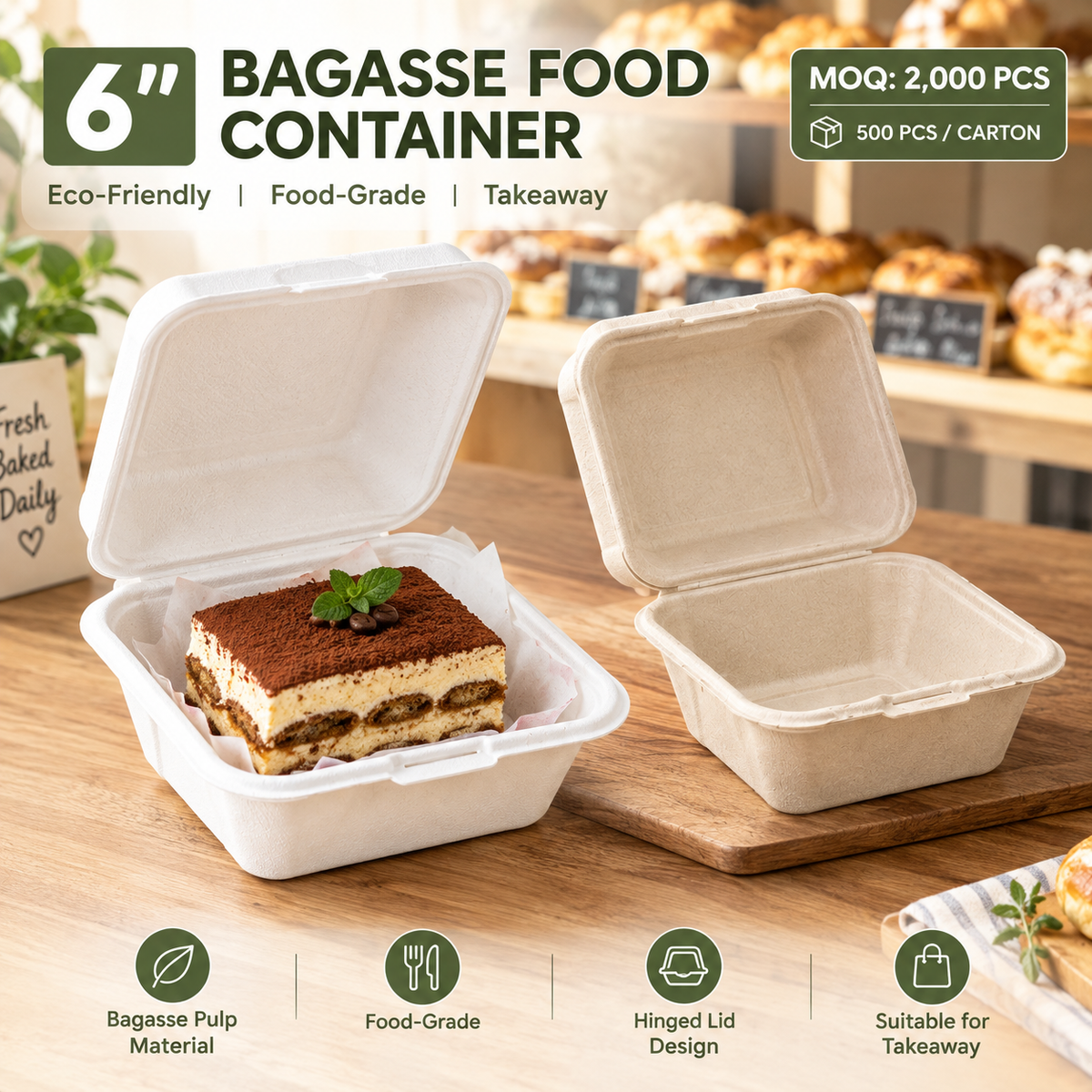 6 Inch Bagasse Food Container – White / Natural