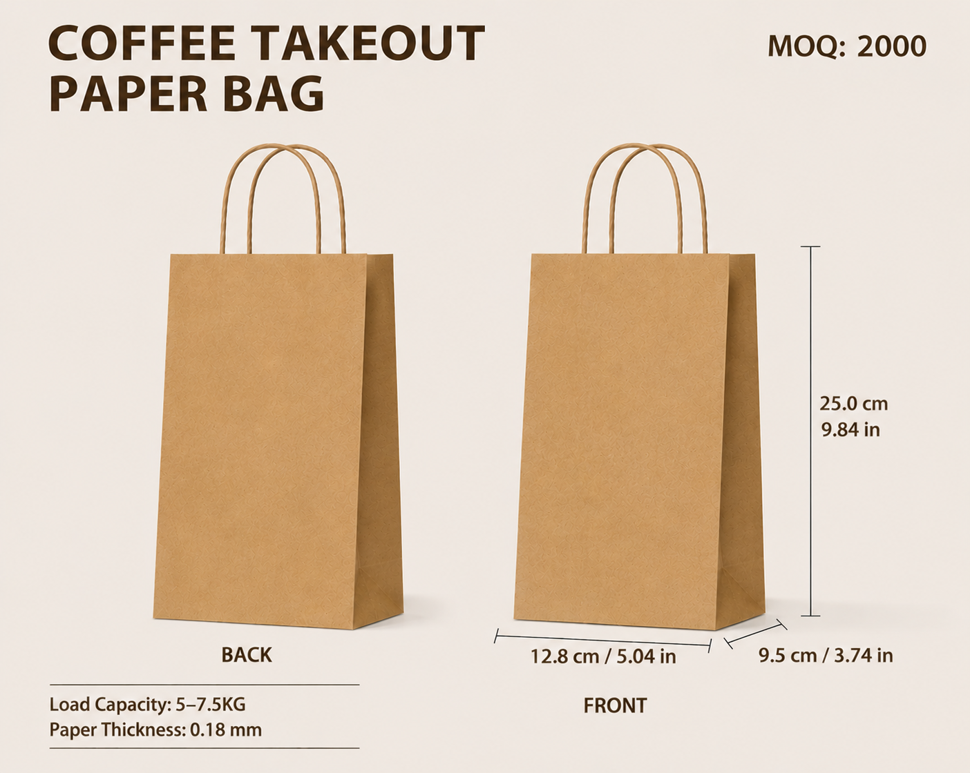 COFFEE TAKEOUT PAPER BAG（Single Cup-12.8 cm × 9.5 cm × 25 cm）