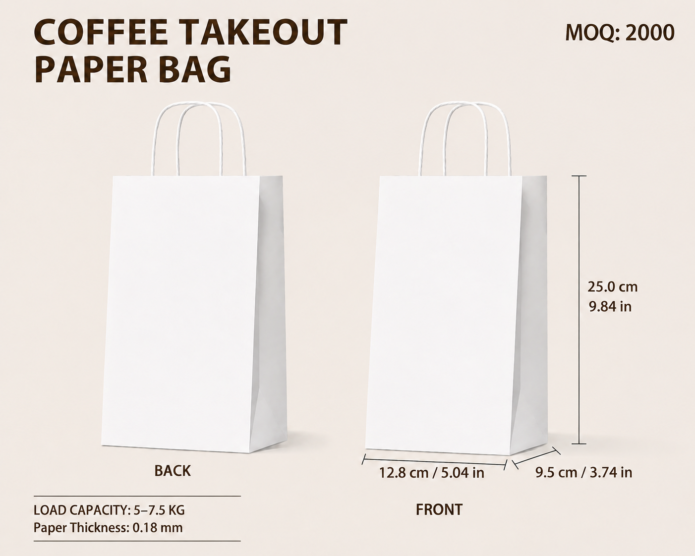 COFFEE TAKEOUT PAPER BAG（Single Cup-12.8 cm × 9.5 cm × 25 cm）