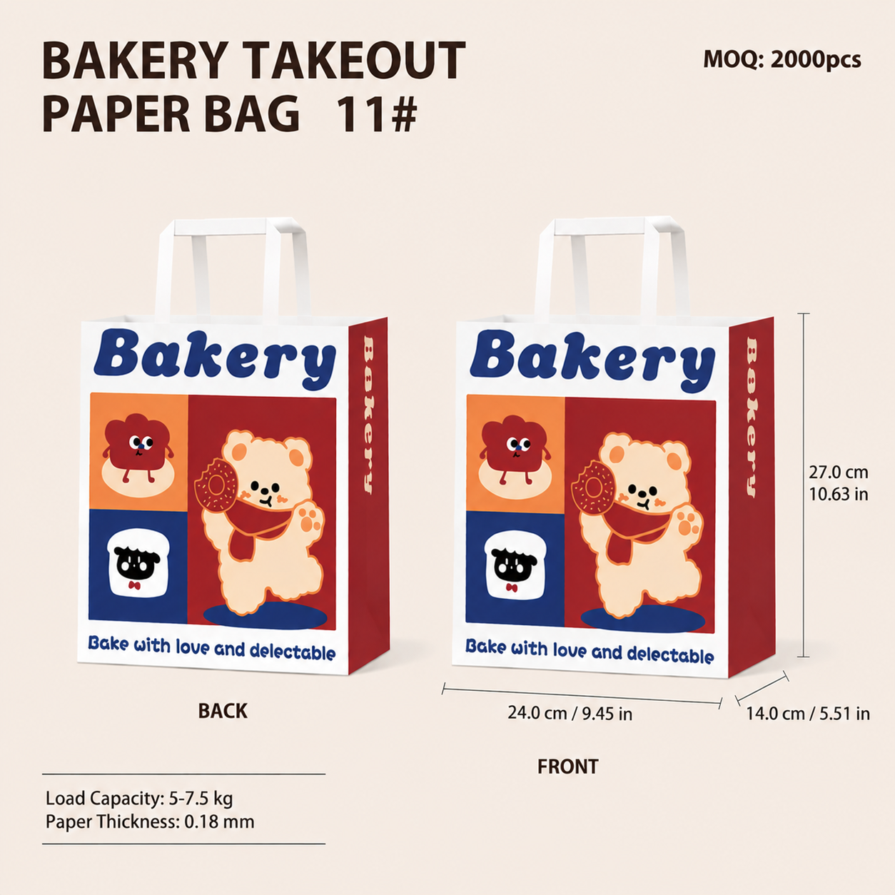 Bakery Takeaway Bags with Handles, Multi Sizes for Cake & Pastry