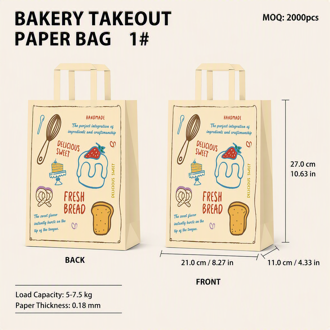 Bakery Takeaway Bags with Handles, Multi Sizes for Cake & Pastry