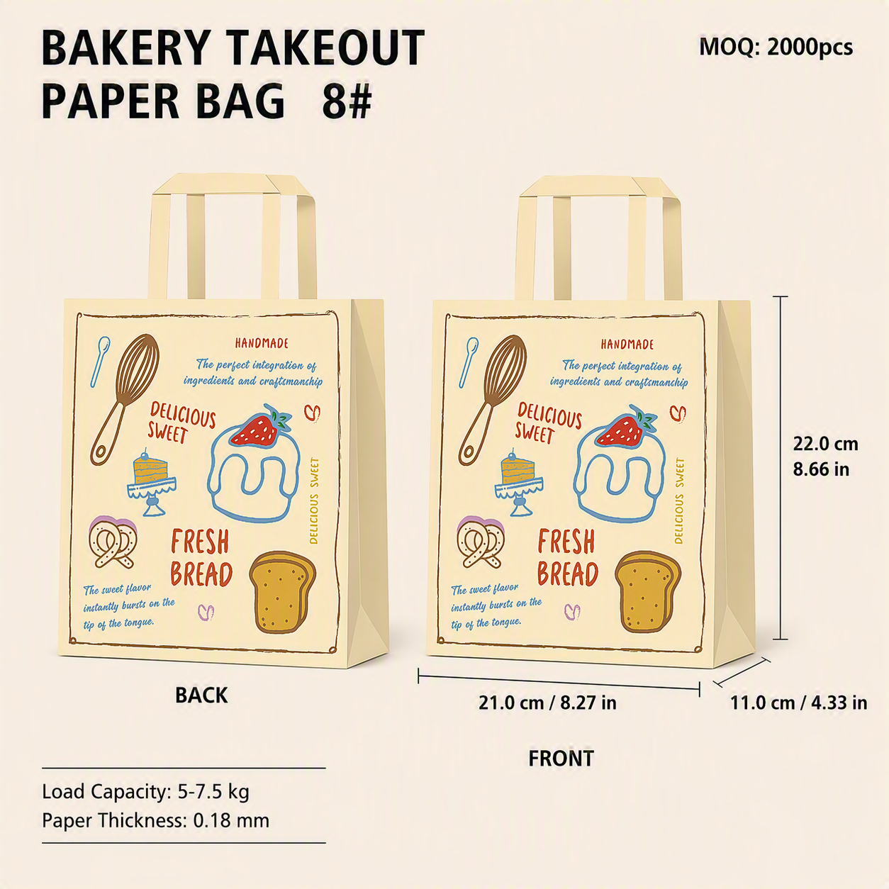 Bakery Takeaway Bags with Handles, Multi Sizes for Cake & Pastry