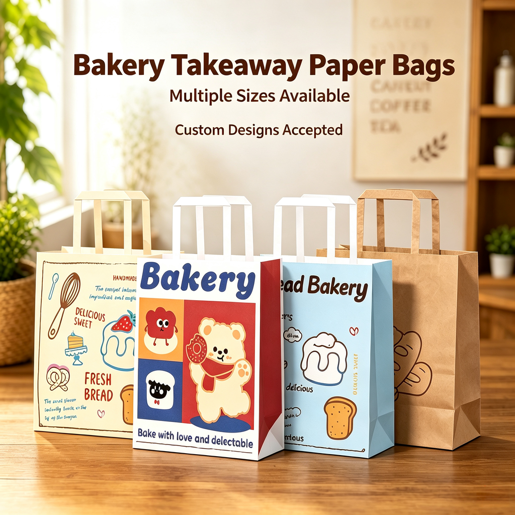 Bakery Takeaway Bags with Handles, Multi Sizes for Cake & Pastry